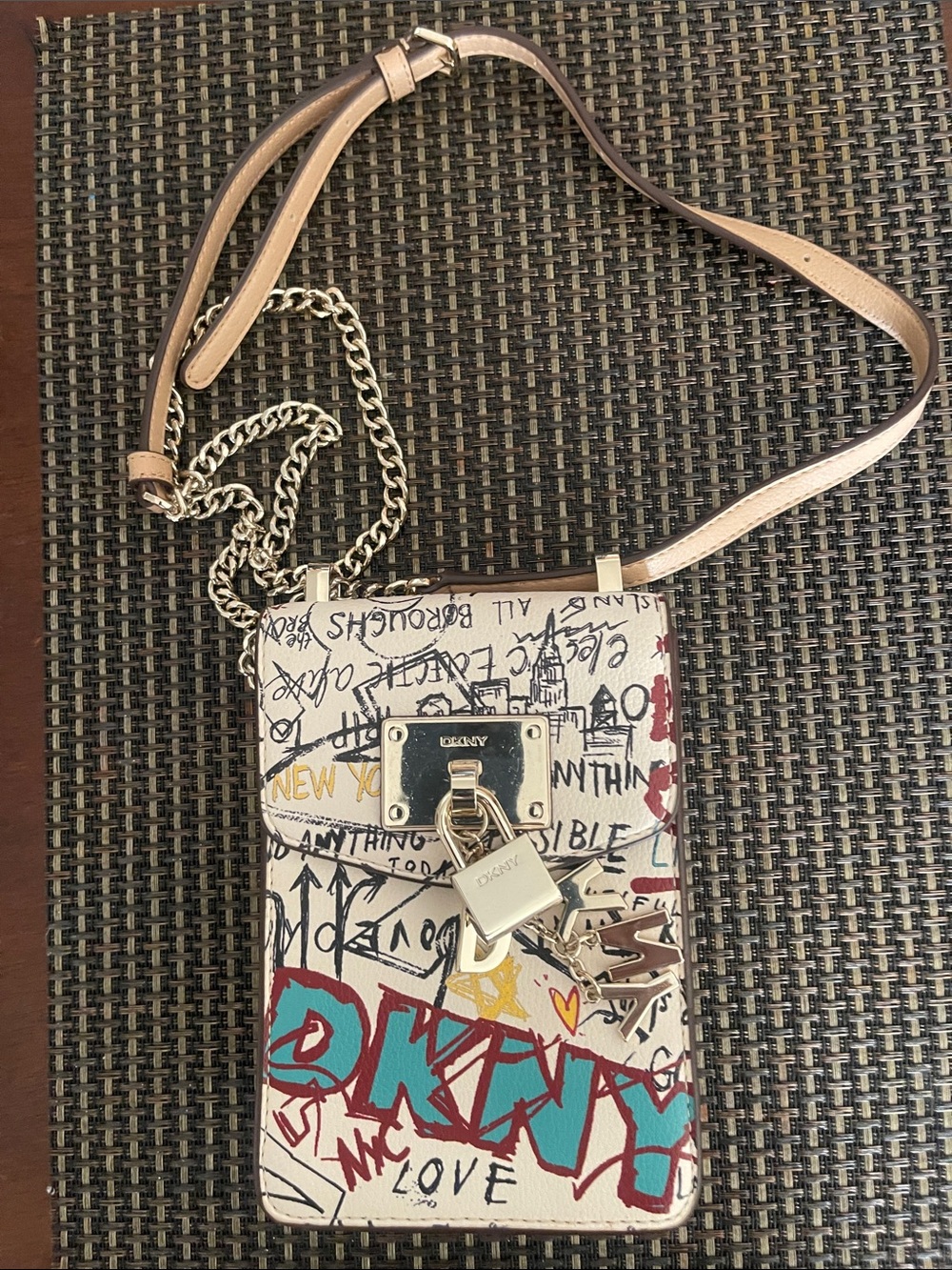 Dkny Multicolor Graffiti Leather Crossbody Phone Bag with Gold Hardware